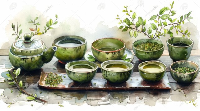 An Asian Mid-Autumn Festival, Moon Festival, Chinese painting brush stroke teapot, a tea cup, a Matcha Chasen bamboo wreath and bright green tea leaves.