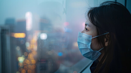 A contemplative young woman wearing a mask, gazing through a window, with blurred city lights in the background at dusk.