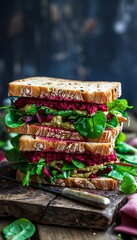 Beetroot Sandwich with Fresh Greens on Dark Surface