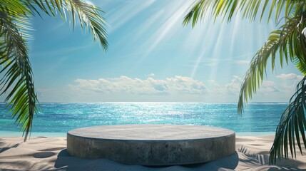 Circular stone podium on white sand, with a tranquil tropical beach setting, clear blue waters under a sunny sky, and palm fronds in the foreground.