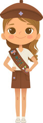 Young smiling girl scout wearing sash with badges isolated on white background. Female scouter, Brownie ligue Scout Girls troop - 764979765