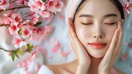 beautiful japanese woman in a spa having facial cleansing in a spa with pink flowers