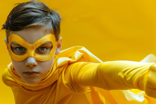 A determined young boy poses confidently in a vibrant yellow superhero costume with a matching mask against a yellow background