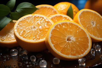Approximate image of whole fresh oranges and chopped on the dark table, generative IA