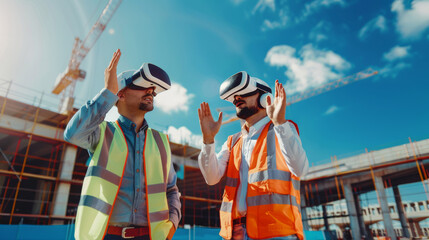 Two construction workers with virtual reality headsets gesticulating on a building site under a blue sky.
