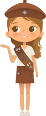 Young smiling girl scout wearing sash with badges isolated on white background. Female scouter, Brownie ligue Scout Girls troop - 764979997