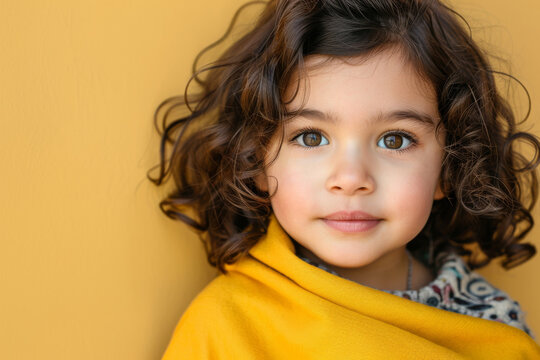Portrait of a charming young girl with beautiful curly hair wrapped in a cozy yellow scarf against a matching yellow background.