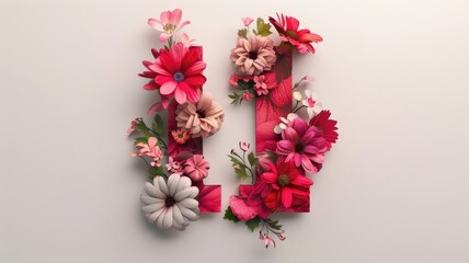 Obraz na płótnie Canvas a vibrant flat lay composition featuring colorful flowers, leaves, and the number eleven arranged in a layout, captured from a top-view perspective for an eye-catching display.