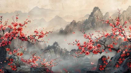 Foto op Plexiglas The natural landscape background is a watercolor painting texture modern. It features a branch with leaves and flowers decorated in vintage style. The Cherry Blossom is overlaid with a gold and black © Mark