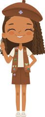 Smiling African American girl scout wearing vest with badges isolated on white background. Female scouter, Brownie ligue Scout Girls troop - 764980501