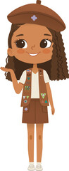 Smiling African American girl scout wearing vest with badges isolated on white background. Female scouter, Brownie ligue Scout Girls troop - 764980741