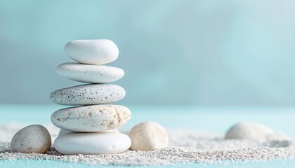 Fototapeta na wymiar Zen Stones Balance Concept with Turquoise Background