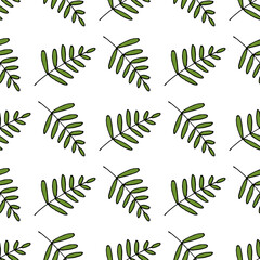 Seamless pattern in wondrous green branches on white background. Vector image. - obrazy, fototapety, plakaty