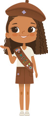 Smiling African American girl scout wearing sash with badges isolated on white background. Female scouter, Brownie ligue Scout Girls troop - 764980973