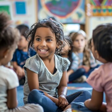 A joyful little girl sits cross-legged in a classroom circle with her peers, her radiant smile capturing a moment of childhood happiness and social interaction