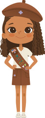 Smiling African American girl scout wearing sash with badges isolated on white background. Female scouter, Brownie ligue Scout Girls troop