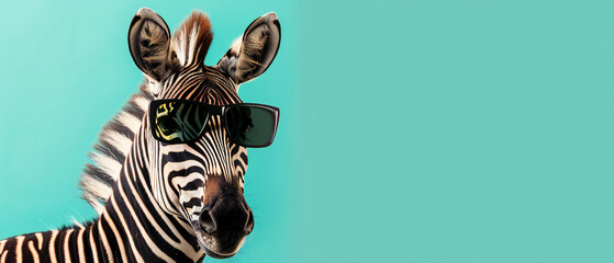 Zebra with Sunglasses on Vibrant Background - obrazy, fototapety, plakaty