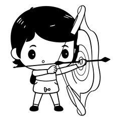 Archery boy cartoon vector illustration. Cute little archer boy aiming with bow and arrow.
