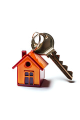 House Key and Orange Home Keychain Isolated on White. Perfect for real estate and property ownership concepts.