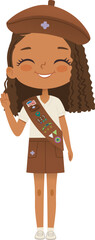 Smiling African American girl scout wearing sash with badges isolated on white background. Female scouter, Brownie ligue Scout Girls troop - 764981399