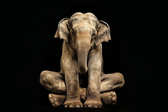 An elephant sits in a tree pose, with powerful legs and a calm expression, on a black background