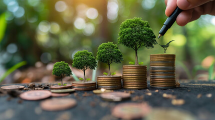 A hand places a coin on stacked coins with miniature trees sprouting, representing financial growth and eco-investment concept.