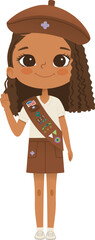 Smiling African American girl scout wearing sash with badges isolated on white background. Female scouter, Brownie ligue Scout Girls troop - 764981598