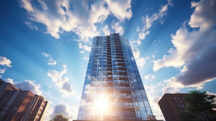 Fototapeta premium Photorealistic Tall building and behind it a beautiful and sky