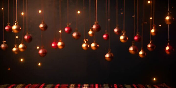 Christmas tree with red and gold ornaments hanging from its brancher and a plaid background.red and gold ornaments hanging from the branches 4K Video