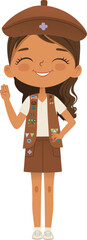 Smiling African American girl scout wearing vest with badges isolated on white background. Female scouter, Brownie ligue Scout Girls troop - 764982135