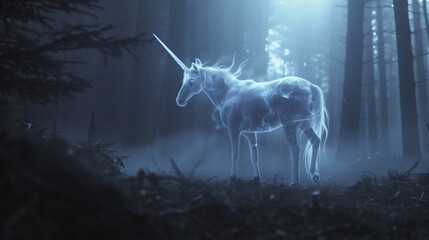 Glowing mysterious unicorn in misty forest - obrazy, fototapety, plakaty