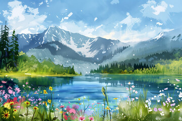 Naklejka na ściany i meble Spring landscape, mountains, lakes, flowers, watercolor style