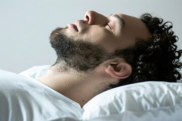 Fototapeta premium Side view of a curly-haired man sleeping peacefully