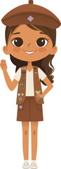 Smiling African American girl scout wearing vest with badges isolated on white background. Female scouter, Brownie ligue Scout Girls troop - 764982357
