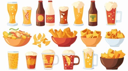 There are alcohol drinks in bottles, glass mugs, cans, and fast food in bowls. Appetizers, potato chips, nachos, French fries. Flat modern illustrations isolated on white backgrounds. - obrazy, fototapety, plakaty