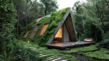 Simple eco-house with carbon footprint entrance., Generative AI 