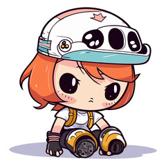 Cute cartoon girl with helmet and roller skates.