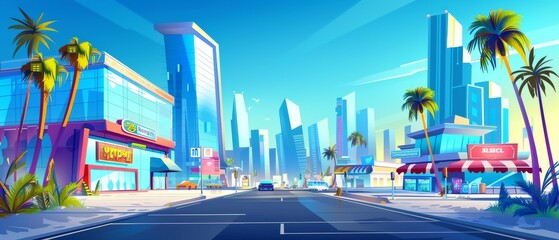 A modern city street with shops and a road. Modern illustration shows skyscrapers silhouetted in the morning sky, palm trees along the road side, cityscape buildings, supermarkets, restaurants,