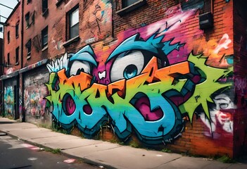  brick wall adorned with colorful and expressive street art, showcasing a vibrant urban landscape...