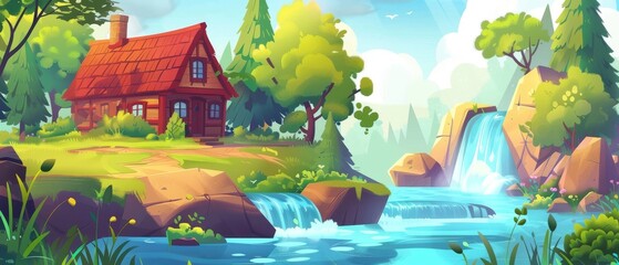 Cartoon modern summer landscape with wood hut or cabin on riverbank, with water flowing and falling on rocks, green trees, and grass.