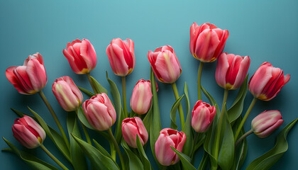 Obraz premium Bouquet of pink tulips on pastel blue background for Valentine's Day, Easter, Women's Day, or Mother's Day