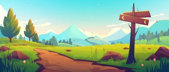 The path leading to the mountains from the forest. Cartoon modern summer landscape of green grass on the meadow with trees and wooden arrows near the soil road. Grassland natural panorama with path