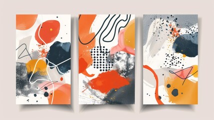 Modern illustration of an abstract modern card with creative shapes, flowing elements, blobs and blots. Colored flat graphic modern illustration with a vertical background.