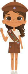 Smiling African American girl scout wearing sash with badges isolated on white background. Female scouter, Brownie ligue Scout Girls troops 