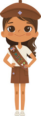 Smiling African American girl scout wearing sash with badges isolated on white background. Female scouter, Brownie ligue Scout Girls troops 