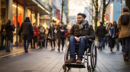 Stylish Young Man in Wheelchair Against Urban Backdrop
