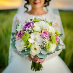 Panna młoda trzymająca w dłoniach kolorowy bukiet z białych i różowych kwiatów oraz zielonych gałązek