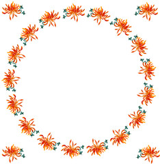 Colourful wreath of chrysanthemums and green leaves. Watercolor floral wreath for decor, cards, logo, banners, cover, wrapping paper.