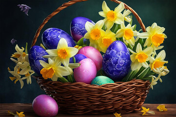 Easter wicker basket with eggs and spring flowers Daffodil - 764984303