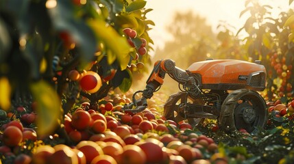 Robot tending fruit garden, precision harvesting, dawns first light , photographic style
